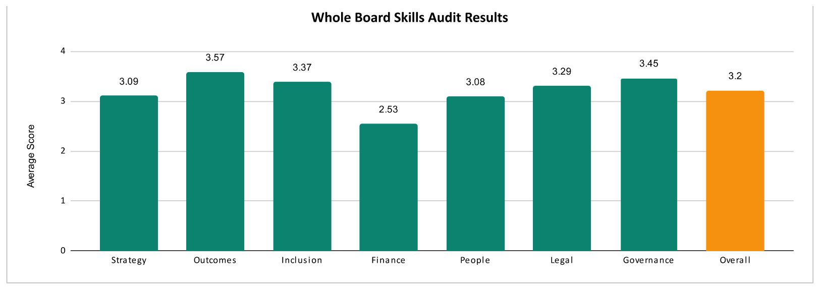 Sample bar chart showing skills audit results across strategy, outcomes, inclusion, finance, people, legal and governance