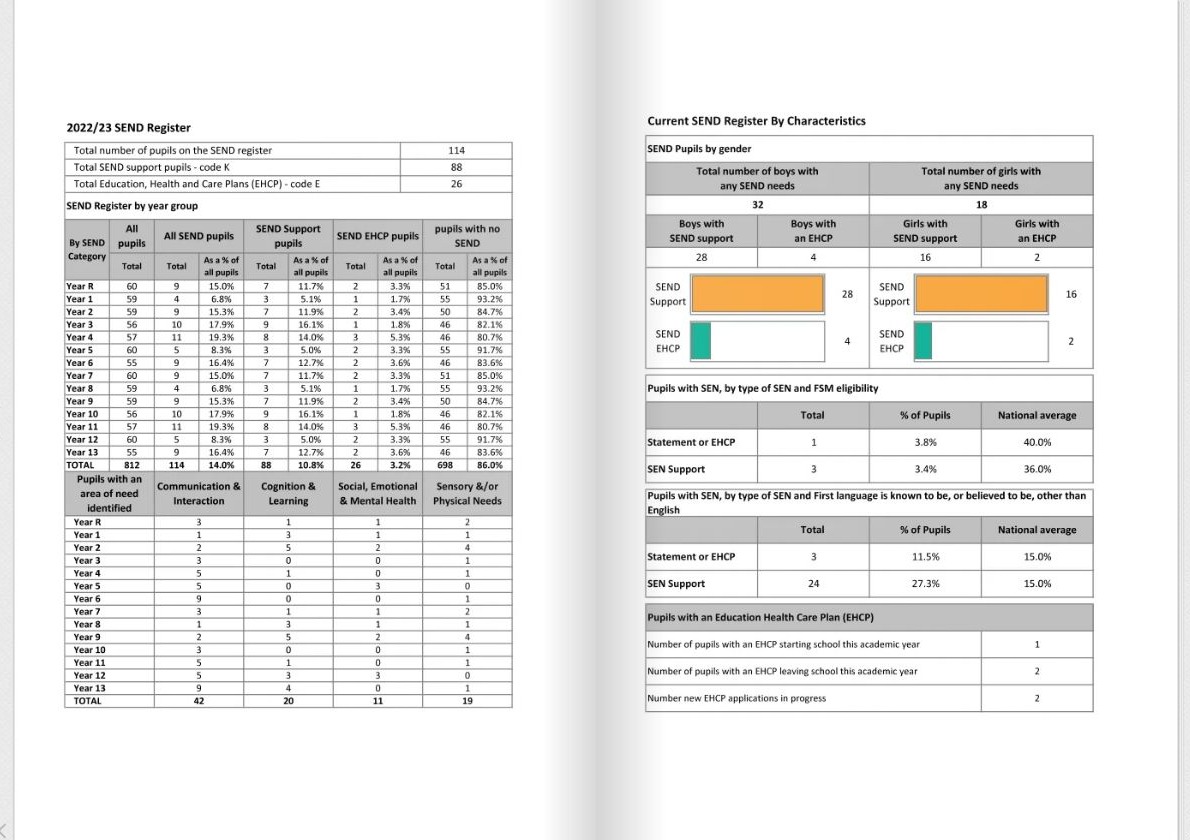 Example SEND Report showing the SEND register, year groups and pupil characteristics